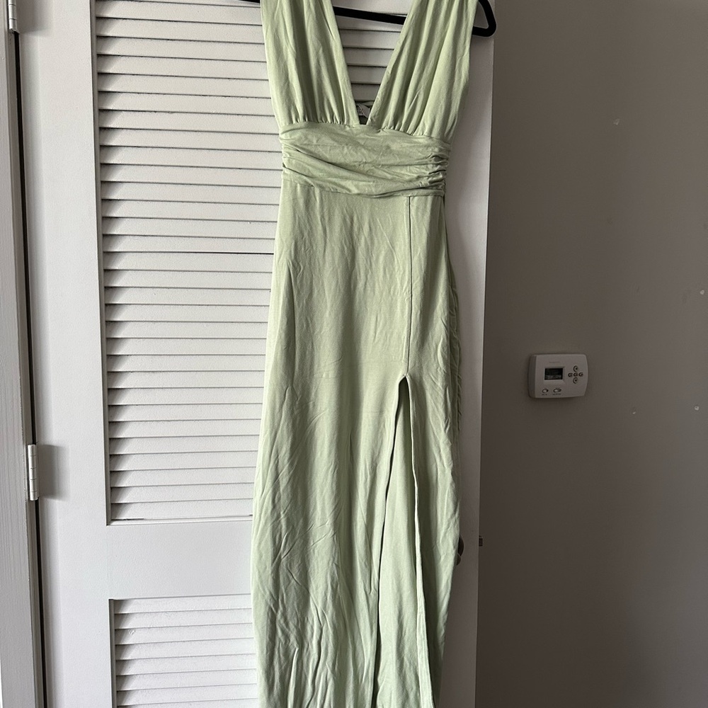 Sage green body sculpting slit dress